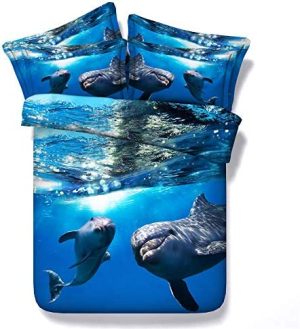 Juego De Funda Nórdica 100% Algodón 400 Hilos Mar De Delfines Azules Suave 3 Piezas(1 Funda Nórdica + 2 Fundas De Almohada 50x75cm) ((180x220 cm)-Cama de 105/135,Delfín 2)