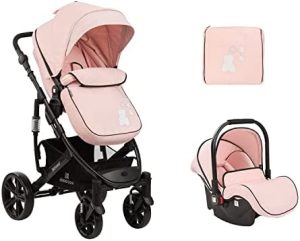 KikkaBoo Carrito Bebé 3 en 1 BELOVED, Silla de Paseo hasta 22 kg, Desde el Nacimiento, Asiento de Coche, Transformable Capazo, Plegado, Rosa