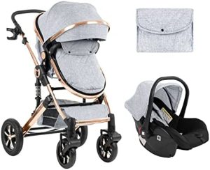 KikkaBoo Carrito Bebé 3 en 1 DARLING, Silla de Paseo hasta 15 kg, Desde el Nacimiento, Asiento de Coche, Transformable Capazo, Plegado, Gris Claro