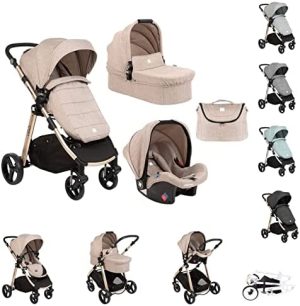 KikkaBoo Carrito Bebé 3 en 1 UGO, Silla de Paseo hasta 15 kg, Desde el Nacimiento, Asiento de Coche, Capazo, Plegado, Beige