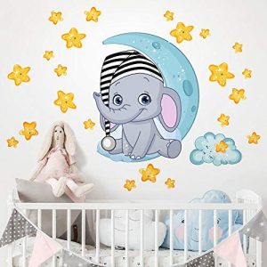 Kina - R00322 Pegatinas Pared Infantil Ecológicos e Hipoalergénicos Efecto Tela Suave Reposicionable Elefante en la Estrella Dulces Sueños Recién Nacido Decoración Guardería