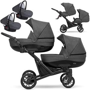 Kunert cochecito de bebé Carrito para gemelos carrito gemelar BOOSTER silla de paseo silla de coche asiento de bebé juego completo 3 en 1 (Crema, 3en1)