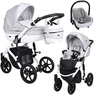 Kunert cochecito de bebé LAVADO silla de paseo silla de coche asiento de bebé juego completo 3 en1 (Rama gris, Color del marco: Blanco, 3en1)