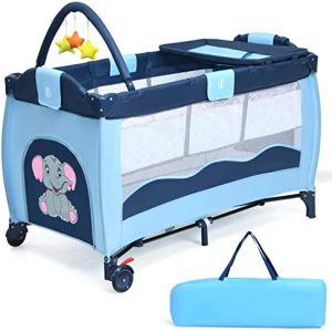 LIFEZEAL Cuna de Viaje para Bebé, Cama de Tejido Oxford, Cama de Bebé Plegable con Bolsa de Almacenaje, Cama de Juego Multifuncional, para Bebés de 0-24 Meses (Azul)