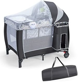 LIFEZEAL Cuna de Viaje para Niños, Cama de tela Oxford 3 en 1, corral plegable para bebés de 0 a 36 meses, corral con cambiador, mosquitera plegable con 3 juguetes