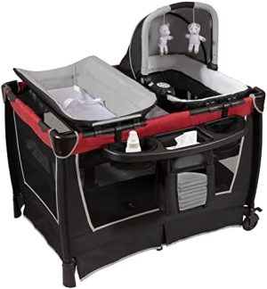 LIFEZEAL Parque Infantil de Lujo, Cuna de viaje para Bebé 4 en 1, Tela Oxford, cuna cama de 2 niveles con cambiador, para bebés de 0-36 meses (Rojo)