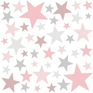 Little Deco DL404 Adhesivos decorativos para pared con forma de estrellas, color menta, rosa y gris, 60 estrellas, para el dormitorio, juego de colores variados, autoadhesivos