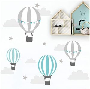 Little Deco DL522 Adhesivo decorativo para pared de habitación infantil, diseño de globo, nubes, estrellas, menta, gris, 115 x 58 cm (ancho x alto)