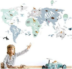 Little Deco Tatuaje de pared Mapa del mundo Animales gris azulado verde I (WxH) 80 x 42 cm I Pegatina de pared Pegatina de pared Habitación infantil Cartel adhesivo para niños DL130