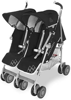 Maclaren Twin Techno silla de paseo ligera y compacta para recién nacidos de hasta 15 kg en cada asiento, Capota individual extensible y asiento reclinable, Incluye protector para la lluvia, Negro