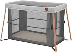 Maxi-Cosi Iris Cuna de viaje 2 en 1 plegable y portátil, colchón cuna incluido ajustables en altura, plegado compacto con bolsa de transporte, para niños de 0 meses a 3 años, Essential Graphite