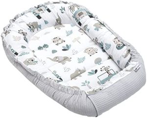 Medi Partners Nido de Bebé Recién Baby Nest 100% Algodón Waffle Protector de Cuna de Viaje Bebés 100x60x15cm Cierre Seguro (Mint Zoo con Gris Waffle)