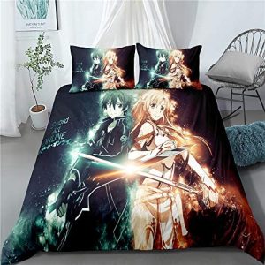 MeeTe Funda Nórdica Juego De Ropa De Cama 3 Piezas Sword Art Online con Cremallera Extra Suave Y Duradera con 2 Fundas De Almohada (Sao 02,Cama 90, 135x200cm)