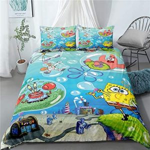 MeeTe Juego De Funda Nórdica De Bob Esponja con Impresión 3D, Microfibra Suave, Funda Nórdica, Juego De Cama Decorativo para Niñas para Niños Y Niños Pequeños (Patrón 02,Cama 90, 135x200cm)
