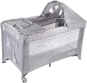 Moby-System, Parque para Bebés de Viaje para Niños, 2 en 1, Cuna Plegable para llevar, para Recién Nacidos y Niños Pequeños, 1 Nivel: 0 a 6 meses, 2 Nivel: 6 a 36 meses, Bolsa de Transporte, Gris