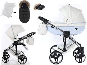 Original Junama Diamond Candy 2in1 3in1 4in1 + Sacos de Dormir + Guantes + Paraguas Sistema de Viaje Cochecito Combinado + Accesorios Originales Exclusive Prams (2in1, Blanco-Azul 02)