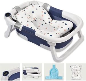 PUPA - Bañera plegable para bebé con termómetro digital integrado y cojín tumbona - Bañera con patas con soporte para cabezal de ducha y superficies antideslizantes