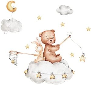 Pegatina de Pared Oso Adhesivo de Pared de Animales Vinilo Decorativo con Oso Conejo Estrellas Luna y Nubes Vinilos Decorativos Acuarela para Habitación Infantiles Niños Niñas Dormitorio Guardería