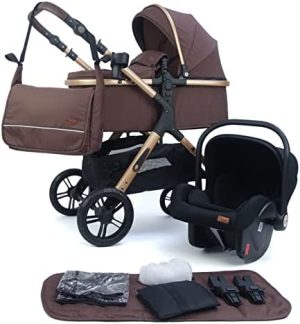 Pixini Cochecito Nelio 3en1 (incluye silla de auto, funda para la lluvia, bolso cambiador.) (oro/marrón)