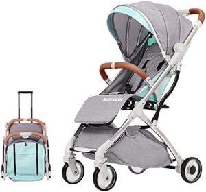SONARIN Silla de paseo Ligera y Compacta,estructura blanca,cochecito de portátil viaje,plegable con una mano,arnés de cinco puntos,ideal para Avión,Ruedas mejoradas,con accesorios(Verde Claro)