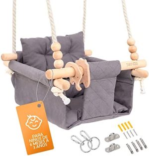 SWINGG® Columpio para bebé, columpio para interior y exterior, juego de fijación y cojín antideslizante, columpio para bebé de madera y algodón