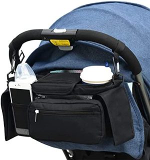Saponhonix Bolso Organizador Carrito Bebe, Organizador de Cochecito Bolsa, Bolsa de Manillar de Carrito con 2 Sujetavasos Portavasos Aislados, Universal Impermeable Organizador para Coches de Paseo