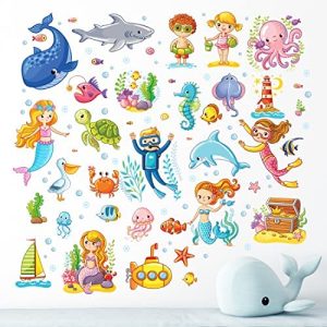 Sealife - Pegatinas de pared para decoración de baño, vinilo impermeable para arte de mar, peces y niños, decoración de habitación de animales, calcomanías de aprendizaje para niños