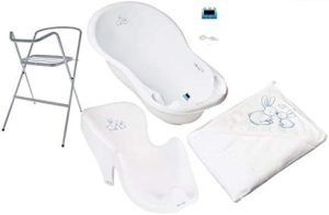 Set de bañera 4 en 1 XXL para bebé de 102 cm con desagüe y soporte, asiento para bañera, toalla con capucha, 80 x 80 cm (juego de 4 unidades), diseño de conejos, color blanco