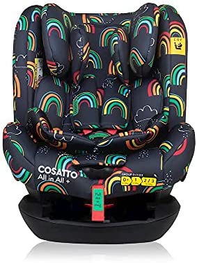 Silla de coche All in All+ de Cosatto en el estampado Disco Rainbow - Grupos 0+/1/2/3, 0-36 kg, 0-12 años, ISOFIX, ERF (Instalación contramarcha extendida), sistema antiescape, reclinable