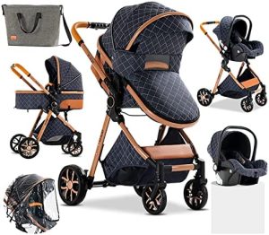 Sistema de Viaje 3 en 1 Carrito con Capazo Cochecito de Bebé 3 en 1 Silla de Paseo para Recién Nacido Cochecito de Viaje Portátil Plegable con Paisaje Alto de Lujo Real (225 Blue)