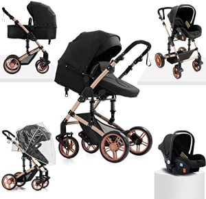 Sistema de Viaje 3 en 1 Silla de Paseo Carrito con Capazo 3 en 1 Cochecito de Bebé para Recién Nacido Cochecito de Viaje Portátil Plegable con Paisaje Alto de Lujo Real (588 Black)
