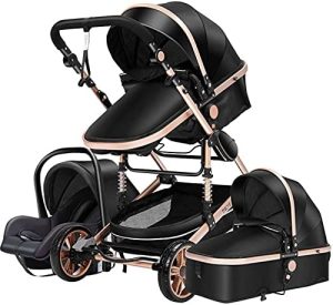 Sistemas de Viaje Sillas de Paseo Cochecito de Bebé 3 en 1 Triciclo Baby Walker Cochecito de Alto Paisaje Cochecitos Plegables Carrito de Bebé para Bebé 0-36 Meses (Oro Negro)
