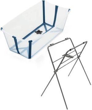Stokke - Bañera Plegable para Bebé Incluye Soporte - Flexi Bath - Tapón de Drenaje Termosensible - Comodidad y Seguridad - Llévatela de Viaje - Transparente Azul - 0-4 Años
