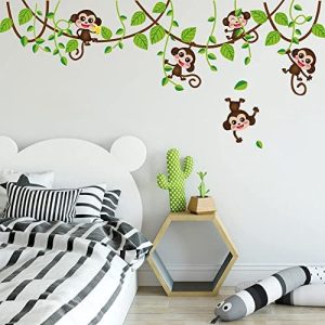 Tanlaby Monos en Enredadera Pegatinas de Pared Jungla Animales Adhesivos Vinilos Verde Vid Decorativos Pared para Bebé Habitación Cuarto de Jugar Guardería Infantiles