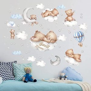 Tanlaby Oso de Dibujos Animados Pegatinas de Pared Oso Durmiendo Adhesivos Vinilos Luna Estrella Globo de aire caliente Decorativos Pared para Bebé Habitación Cuarto de Jugar Guardería Infantiles