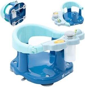 Twinly - Asiento de baño para bebé - Silla para bañera con respaldo - Barra de seguridad con apertura y 4 ventosas grandes de seguridad - Incluye 3 juguetes (Azul)