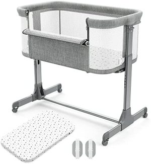 VANCLE Cuna Cama Lateral Y Cuna De Viaje, Altura Ajustable, Plegable, Móvil con Ruedas Cama de Bebé Multifuncional, Cuna Transpirable de Malla Completa ,Incluye Colchón Suave y Bolsa de Mano