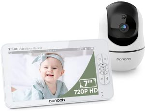 bonoch Vigilabebés con cámara, 7‘’ 720P HD Video vigilabebés con Pantalla Dividida 22h batería, cámara y Audio, Alcance 300m, visión Nocturna Auto, Zoom 4X Llamada bidireccional con Modo VOX
