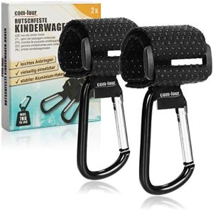 com-four® 2X Ganchos para Cochecito con protuberancias de Goma Antideslizantes para Bolsa de pañales (Negro)