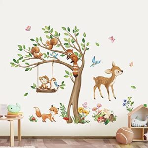decalmile Pegatinas de Pared Animales Bosque Árbol Vinilos Decorativos Ciervo Mono Zorro Ardilla Adhesivos Pared Habitación Infantiles Niños Bebés Guardería