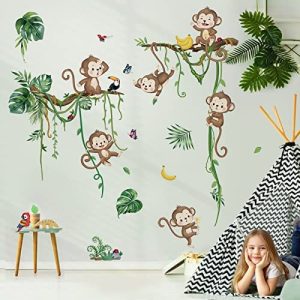 decalmile Pegatinas de Pared Animales de la Jungla Mono Vinilos Decorativos Mono Vid Hojas Rama de árbol Adhesivos Pared Habitación Infantiles Niños Bebés Guardería