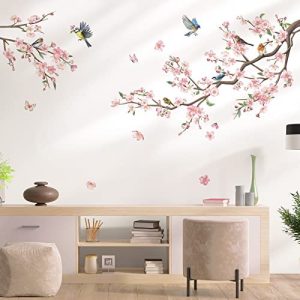 decalmile Pegatinas de Pared Árbol de Flores Rosa Vinilos Decorativos Aves en Rama Árbol Adhesivos Pared Dormitorio Salón Habitación Infantiles