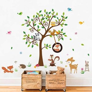 decalmile Pegatinas de Pared Bosque Animales Árbol Vinilos Decorativos Zorro Ardilla Ciervo Adhesivos Pared Habitación Infantiles Niños Bebés Guardería (H:79cm)