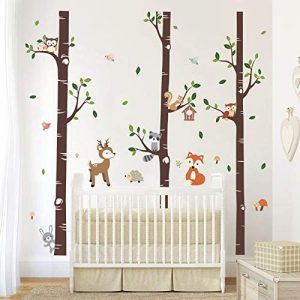 decalmile Pegatinas de Pared Grande Abedul Bosque Animales Vinilos Decorativos Ciervo Zorro Pájaro Adhesivos Pared Habitación Bebés Niños Guardería Dormitorio Salón(XL)(H: 174cm)