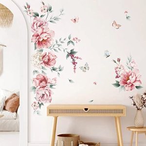 decalmile Pegatinas de Pared Peonía Flores Vinilos Decorativos Flore Rosa Mariposa Adhesivos Pared Habitación Niña Dormitorio Salón