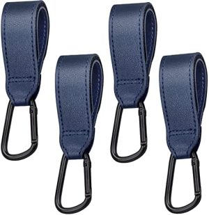 iYInJuan Juego 4 PU Ganchos Silla de Paseo Carrito Bebé Multiuso Funcional Resistente Colgador Mosquetón Enganche para Sillita, Cochecito o Silla de Ruedas, Bolso Maternal Organizador Compras (Azul)