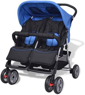 vidaXL Carrito para Gemelos Acero y Tela Oxford Azul Negro Cochecito Bebés