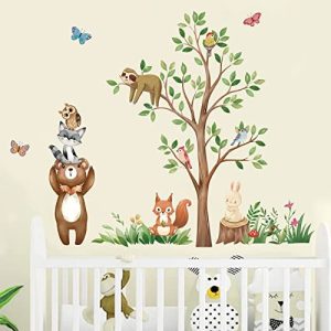 wondever Pegatinas de Pared Animales del Bosque Árbol Adhesivos Pared Decorativos Oso Ardilla Conejo Vinilos Pared para Habitación Infantiles Niños Bebés Guardería