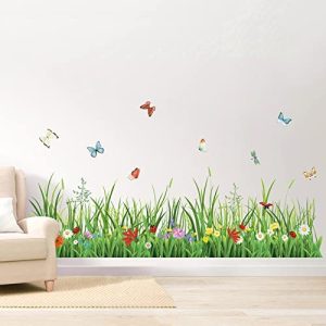 wondever Pegatinas de Pared Hierba Verde Adhesivos Pared Decorativos Flores Planta Mariposas Rodapié Vinilos Pared para Dormitorios Salon Ventanas