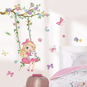 wondever Pegatinas de Pared Niña Ramas de Flores Adhesivos Pared Decorativos Mariposas Columpio Vinilos Pared para Habitación Niña Bebé Guardería